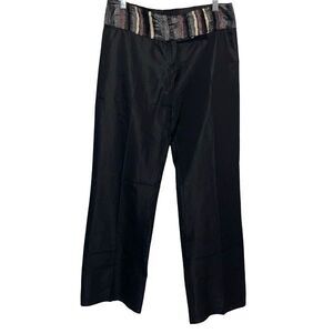Eiki Womens Italian Flat Front Striped Waist Mid-Rise Trouser Pants Black Large